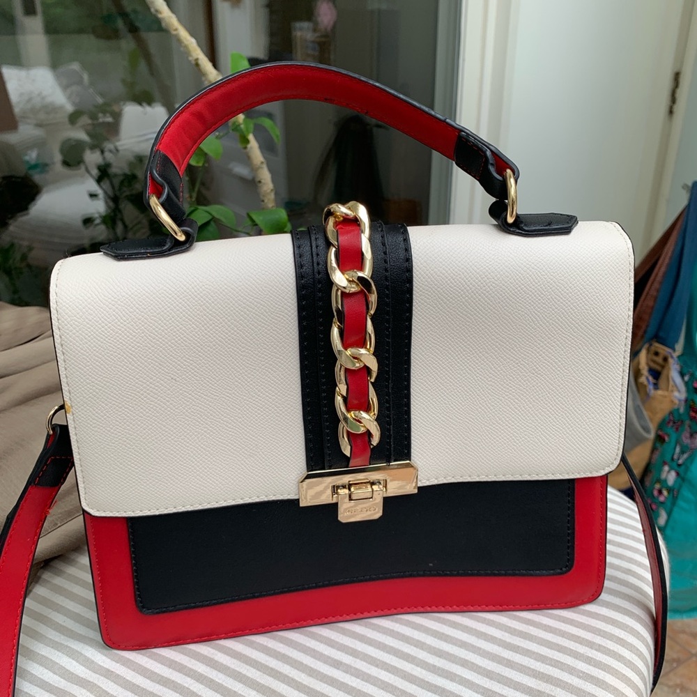 Aldo Black and Red Satchel with Gold Chain Detail